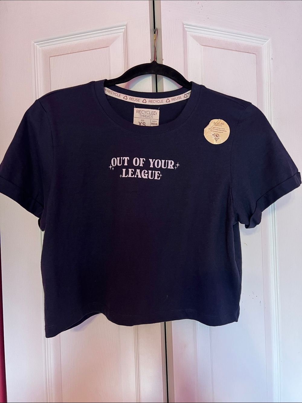 Recycled Threads "Out of Your League" Cropped Tee - Black - XS  SeeBackside
